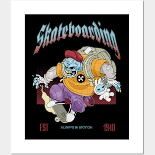 Skateboarding Zombie Skull Posters and Art